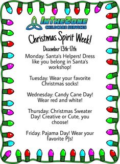 a christmas spirit week flyer with lights on the front and bottom corner, in white