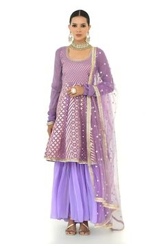 Lavender short anarkali with all-over floral patterns. Comes with sequin butti dupatta. - Aza Fashions Purple Chikankari Traditional Wear For Reception, Reception Purple Traditional Wear With Chikankari Embroidery, Festive Purple Anarkali Set With Chikankari Embroidery, Bollywood Style Purple Lehenga With Chikankari Embroidery, Purple Anarkali Sharara With Chikankari Embroidery, Purple Lehenga With Chikankari Embroidery For Festive Occasions, Festive Purple Lehenga With Chikankari Embroidery, Purple Bollywood Anarkali Set With Chikankari Embroidery, Purple Salwar Kameez With Mirror Work For Reception