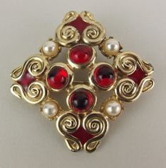 Vintage Brooch Pin Signed MWS Red Cabochon Pearl Goldtoned Square Statement  | eBay Red Formal Costume Jewelry Brooches, Antique Red Brooch For Formal Occasions, Vintage Red Brooches For Formal Occasions, Vintage Red Pins For Gifts, Vintage Red Pins As Gift, Vintage Red Pins For Gift, Retro Red Brooch Jewelry, Red Retro Brooch Jewelry, Ornate Red Jewelry Brooch