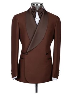 Elegant Custom Fit Brown Blazer, Elegant Brown Custom Fit Blazer, Formal Brown Custom Fit Blazer, Luxury Long Sleeve Suits In Suiting Fabric, Brown Custom Fit Blazer For Formal Occasions, Luxury Semi-formal Three-piece Suit With Long Sleeves, Luxury Three-piece Suit For Semi-formal Occasions, Luxury Long Sleeve Suits, Elegant Tuxedo With Lapel Collar