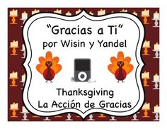 a thanksgiving card with two turkeys and a speaker on it's side, which reads gracias a ti por wisin y yangdel