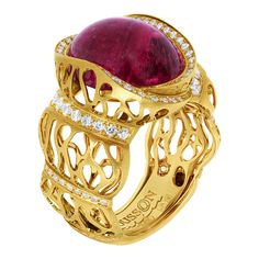 Rubellite 11.07 Carat Diamonds 18 Karat Yellow Gold Coral Reef Ring Ring from the Coral Reef collection, where the distinctive feature is the shape of 18 Karat Yellow Gold, made in the form of coral reefs. The variety of colors in this Сollection is impressive, as are the original corals. Here raspberry shade 11.07 Carat Rubellite contrasts with the brilliance of 94 Diamonds and Matte 18 Karat Yellow Gold. Try to put on the beauty of the deep sea! In set with Earrings LU1164115139662. Please req Yellow Gold Cocktail Ring, Gold Cocktail Ring, The Coral, Gold Cocktail, Coral Reefs, Tickled Pink, Diamond Flower, Yellow Gold Ring, Coral Reef