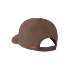 a brown hat with an orange embroidered on the front