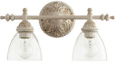 two light bathroom fixture with clear glass shades on the front and back side of it