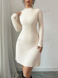 Style:Elegant \nWaist Line:Natural \nHem Shaped:Pencil \nNeckline:Stand Collar \nSleeve Type:Regular Sleeve \nDetails:Rib-Knit \nColor:Apricot \nPattern Type:Plain \nSleeve Length:Long Sleeve \nLength:Short \nFit Type:Slim Fit \nFabric:High Stretch \nMaterial:Fabric \nComposition:50% Viscose \nComposition:28% Polyester \nComposition:22% Polyamide \nCare Instructions:Hand wash or professional dry clean \nTemperature:Spring/Fall (18-25℃/63-77℉) \nSheer:No \n Fitted Sweater Dress, Dress Elegant Long, Mock Neck Dress, Sweater Dresses, Sweater Dress Women, Women Sweater, Dress Elegant, Fitted Sweater, Knitwear Women