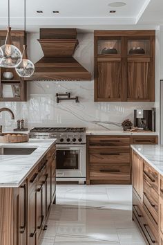 a kitchen with marble counter tops and wooden cabinets