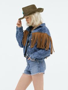 [Wrangler x Fender]Cowboys Fringe Denim Jacket Fringe Denim Jacket, Fender Guitar, Repurposed Clothing, W Concept, Suede Fringe, Denim Jackets, Casual Coat, Casual Jacket, Stretch Denim