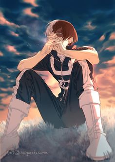 an anime character sitting in the grass with his hands on his face and eyes closed