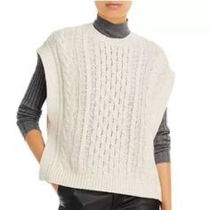 Aqua Is A Brand That's Exclusive To Bloomingdale’s. Cable Knit Sweater Vest , Crewneck, Open At Sides With Strap Detail. Allover Cable Knit. Cotton/Acrylic Elegant Cable Knit Sweater Vest For Winter, White Textured Knit Sweater Vest With Crew Neck, White Textured Knit Crew Neck Sweater Vest, White Sweater Vest For Winter Layering, Chic White Crew Neck Sweater Vest, White Chunky Knit Sweater Vest For Winter, White Chunky Knit Sweater Vest For Fall, Fitted White Cable Knit Sweater Vest, Chic White Sweater Vest For Fall