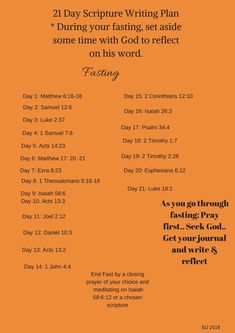 an orange and black poster with the words 21 day scripture writing plan, during your fishing, set aside some time will god to reflect on this word