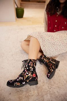 Step into style with Soffia's Plum Blossom Thermoprint Combat Boots. These boots feature a unique thermoprint design inspired by blooming plum blossoms, adding a touch of whimsy to your outfit. Take on any adventure with these statement-making boots. Available in both red and blue prints. 0.98'' heel 5.2 shaft 10.2 circumference Zip / lace-up closure Suede upper Leather / Textile lining Leather footbed Leather midsole Leather insole Rubber sole Plum Blossoms, Blue Prints, Hello Winter, Plum Blossom, Color Free, Online Gifts, Combat Boots, Rubber Sole, Red And Blue