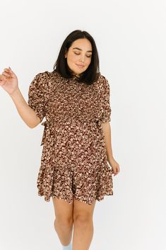 Casual style, outfits daily, fashion, feminine outfits, fall trendy outfit ideas, fall 2022 fashion, women’s fashion 2022, fall fashion inspiration, chic style, cool girl outfit ideas, Brown Floral Print Puff Sleeve Dress, Brown Puff Sleeve Floral Print Dresses, Brown Puff Sleeve Dress For Spring, 2022 Fall Fashion, Cool Girl Outfit, Fall Fashion Inspiration, Girl Outfit Ideas, Mini Floral Dress, Feminine Outfits