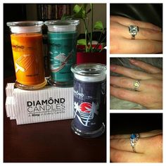 four pictures of different types of rings and candles