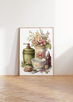 a painting on the wall next to a vase with flowers and other items in it