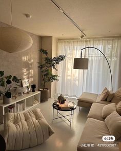 a living room filled with furniture and a large window next to a white table topped with a potted plant