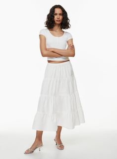 MARS SKIRT | Aritzia Skirts For Summer, Aritzia Skirt, Wedding Sweatshirts, Christmas Clothes, Latest Skirts, Flare Top, Tiered Maxi Skirt, Pleated Skirts, Women Midi