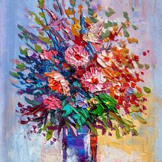 a painting of colorful flowers in a vase