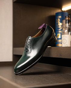 Elegant Green Oxfords For Formal Occasions, Elegant Green Dress Shoes For Office, Green Wingtip Oxfords For Formal Occasions, Green Pointed Toe Oxfords With Brogue Detailing, Green Oxfords With Brogue Detailing And Pointed Toe, Green Pointed Toe Dress Shoes With Leather Sole, Green Leather Sole Pointed Toe Dress Shoes, Elegant Green Loafers For Business, Formal Green Oxfords With Brogue Detailing