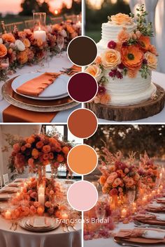 an image of a wedding table setting with orange and pink flowers, candles and cake