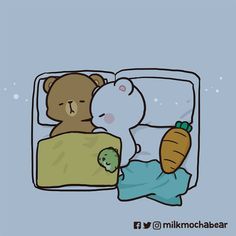 two teddy bears are sleeping in bed with a carrot and an infant is laying on the pillow