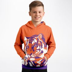 Please allow 10-14 business days. * I have one Med  in stock! This kids hoodie features a soft and durable fabric that has a cotton feel to it. The brushed fleece on the inside will make this the most comfy hoodie ever! Whether it's school trips or lazy days, this hoodie is ultra comfortable. Each panel is individually printed with Karen's "Staring Tiger" design on the front, then cut and sewn to ensure a flawless graphic.