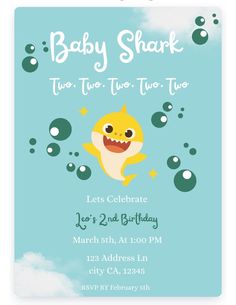 a baby shark birthday party card with bubbles in the sky and an image of a fish on