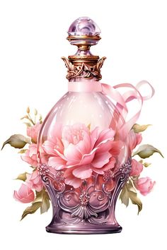 a pink perfume bottle with flowers on it