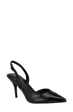 An adjustable slingback strap secures the fit of this pointy-toe pump set on a slender stiletto heel. 2 3/4" heel Adjustable slingback strap with buckle closure Leather and synthetic upper/synthetic lining and sole Imported Sleek Calvin Klein Heels For Party, Calvin Klein Ankle Strap Heels With 4-inch Heel, Calvin Klein Heels With Heel Strap For Formal Occasions, Calvin Klein Heels With Ankle Strap, Calvin Klein Formal Heels With Heel Strap, Night Out Slingback Pumps With Heel Strap, Calvin Klein Ankle Strap Heels For Evening, Calvin Klein Open Heel Heels With Heel Strap, Calvin Klein Ankle Strap Evening Heels