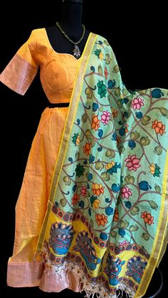 Pure Mangalagiri Silk Cotton Lehenga with pen kalamkari silk cotton Dupatta. Silk Cotton Lehenga with zari borders. Lined skirts and Blouses comes stitched at 36 and can go upto 42/43 , alterations to the blouse can be requested at the time of purchase to the body and sleeve.  , double lined. Color : yEllow with pink silver zari  Blouse size :36 goes upto 39 Skirts - 36-40. Duppatta: pen kalamkari hand painted  silk dupatta Lined Skirts, Kalamkari Dupatta, Cotton Lehenga, Cotton Dupatta, Painted Silk, Skirt And Blouse, Hand Painted Silk, Silk Dupatta, Lehenga