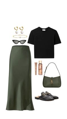 A Line Long Skirt, Green Satin Skirt, Green Skirt Outfits, Skirt Accessories, Satin Skirt Outfit, Spring Outfit Idea, Modesty Outfits, Effortlessly Chic Outfits, Casual Chic Outfit