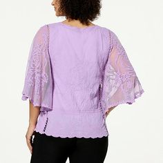 Antthony Embroidered Mesh Flutter-Sleeve Top  Springtime? Always in bloom when it comes to this mesh, floral-embroidered top. A breezy choice for spring wardrobing and beyond, the top is so easy to wear and style and also features a petal-like scalloped hem and collar. This is fashion that's flourishing. Short Sleeve Embroidered Stretch Tops, Embroidered Short Sleeve Stretch Tops, Embroidered Short Sleeve Tops With Stretch, Embroidered Lace V-neck Top, Embroidered Stretch Short Sleeve Tops, Spring Lace Tops With Short Sleeves, Spring Fitted Blouse With Flutter Sleeves, Short Sleeve Lace Tops For Spring, Spring Flutter Sleeve Blouse With Lace Top