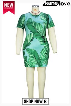 Green Fashion Casual Plus Size Print Basic O Neck Short Sleeve Dress Printed Green Knee-length Mini Dress, Knee-length Bodycon Mini Dress For Vacation, Casual Sheath Mini Dress With Floral Print, Knee-length Bodycon Dress For Vacation, Casual Sheath Mini Dress For Summer, Vacation Bodycon Knee-length Dress, Vacation Knee-length Bodycon Dress, Chic Green Mini Dress With Tropical Print, Casual Bodycon Midi Dress For Vacation