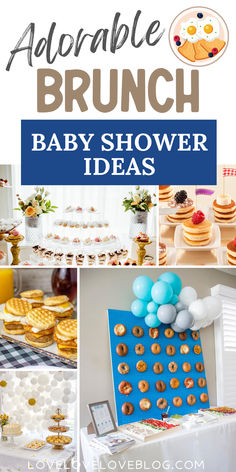 Collage of brunch baby shower ideas for boys and girls. Twin Baby Sprinkle Ideas, Baby Shower Breakfast Food Ideas, Brunch Baby Shower Ideas Food, Brunch Shower Food Ideas, Breakfast Baby Shower Ideas, Baby Boy Brunch Shower Ideas, Bun In The Oven Baby Shower Ideas, Baby Shower Food Brunch, Baby Brunch Shower Ideas