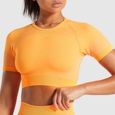 Nwt Never Worn Sporty Orange Seamless Top, Sporty Seamless Orange Top, Orange Stretch Crop Top With Short Sleeves, Orange Stretch Sports Tops, Orange Stretch Tops For Sports, Stretch Orange Tops For Sports, Fitted Orange Gym Tops, Fitted Orange Top For Gym, Orange Fitted Workout Tops