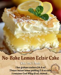 no bake lemon eclair cake on a plate