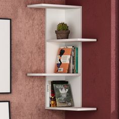 two white shelves with books on them against a red wall and a plant in the corner