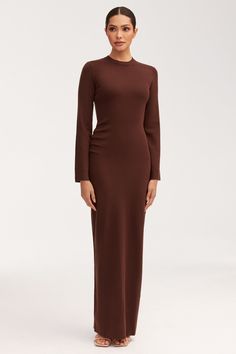 Abigail Rouched Knit Maxi Dress - Dark Brown Dresses Veiled