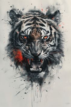 a painting of a tiger with orange eyes