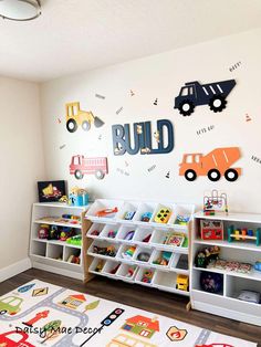 a child's playroom with lots of toys and bookshelves on the wall