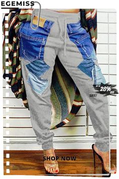 Grey Fashion Casual Patchwork High Waist Trousers Trendy Baggy Patchwork Pants, Trendy Patchwork Pants, Casual High Waist Bottoms With Splicing, Trendy Patchwork Pants For Fall, Multicolor Denim Patchwork Pants, Multicolor Patchwork Denim Pants, Casual Gray Patchwork Pants, Casual Gray Pants With Patchwork, Trendy Patchwork Pants For Spring