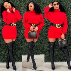 small, medium, large Red Dress Long Sleeve Turtle Neck Comfortable Flattering Loose-fit stretch Red Dress With Boots, Red Sweater Dress Outfit, Dresses With Thigh High Boots, Sweater Dress With Boots, Red Dress Long Sleeve, Oversized Sweater Dress, Trendy Christmas Outfits, Cozy Oversized Sweaters, Holiday Inspo