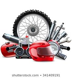 an assortment of bike parts and tools on a white background