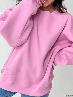 Peilia - Premium Solid Color Fleece Round Neck Sweatshirt: Long Sleeve Casual Pullover Sports Sweatshirt for Women Sporty Long Sleeve Plain Sweatshirt, Soft Texture Fleece Crew Neck Sweatshirt, Solid Fleece Sweatshirt For Leisure, Soft Textured Fleece Crew Neck Sweatshirt, Fleece Sweatshirt For Leisure, Plain Long Sleeve Fleece Sweatshirt, Oversized Pink Fleece Sweater, Sporty Solid Color Long Sleeve Sweater, Solid Sporty Long Sleeve Sweater