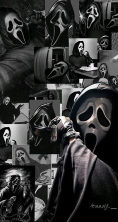 a person wearing a mask and holding a cell phone in front of a collage of images