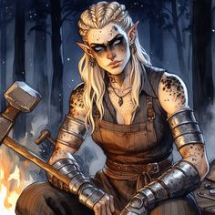 a drawing of a woman with long blonde hair holding an ax in front of fire