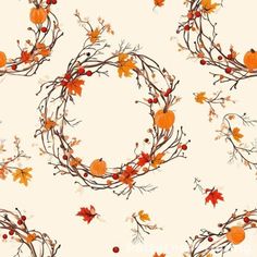 a pattern with pumpkins, leaves and branches