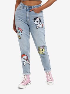 The world of tokidoki is coming for your closet! Rep your favorite Unicornos beyond your collectibles shelf with these light wash mom jeans decorated with Unicornos like Sakura  Kinoko  Valentino and Tokimeki. Jeans can be cuffed or not.99% cotton; 1% elastaneWash cold; dry lowRise: 11"Inseam: 30"Leg opening: 5 12"ImportedListed in junior sizesModel is 5'9"Model wears size 3 Cute Light Wash Cotton Jeans, Light Wash Mom Jeans, Dory Finding Nemo, Hello Kitty House, Disney Dragon, Blue Beetle, The Big Lebowski, Retro Tv, Scott Pilgrim