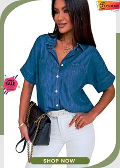 Blue Turn-down Collar Short Sleeve Denim Shirt Short Sleeve Denim Shirt, Denim Shirt, Collar, Turn Ons, Blue