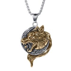 A bold and distinctive pendant, a symbol of strength, wisdom and the unyielding connection to the wild spirit within. Expertly crafted from premium grade stainless steel with a two tone finish that adds depth to the design. At its heart lies an intricate masterpiece, an ornate wolf encapsulating a radiant moon. Its intricate detailing exudes a sense of power and purpose. This is not just an accessory, it’s a reflection of your inner strength. Warrior Style Silver Stainless Steel Jewelry, Silver Stainless Steel Warrior Jewelry, Warrior Style Gold Necklaces As Gift, Silver Wolf Design Stainless Steel Jewelry, Silver Stainless Steel Wolf Jewelry, Silver Stainless Steel Wolf Design Jewelry, Viking Style Engraved Stainless Steel Jewelry, Viking Style Wolf Design Jewelry Gift, Outdoor Engraved Stainless Steel Jewelry