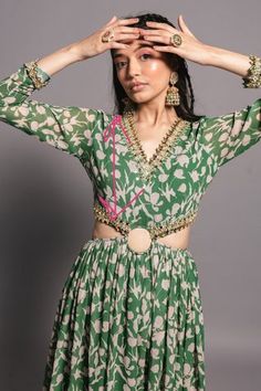 Shop for  Green Poly Georgette Floral Print Cut-out Anarkali Dress for Women Online at Aza Fashions Green Anarkali Dress, Stylish Kurtis Design, Trendy Outfits Indian, Anarkali Dress Pattern, Indian Dresses Traditional, Traditional Indian Outfits, Indian Gowns, Beautiful Dress Designs, Indian Bridal Outfits